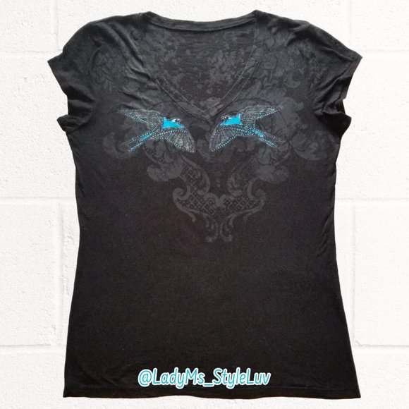 Tshirt Black Semi-sheer Slub-Knit Blue Swallows by Artist Andrea Courchene XXL - Picture 1 of 7